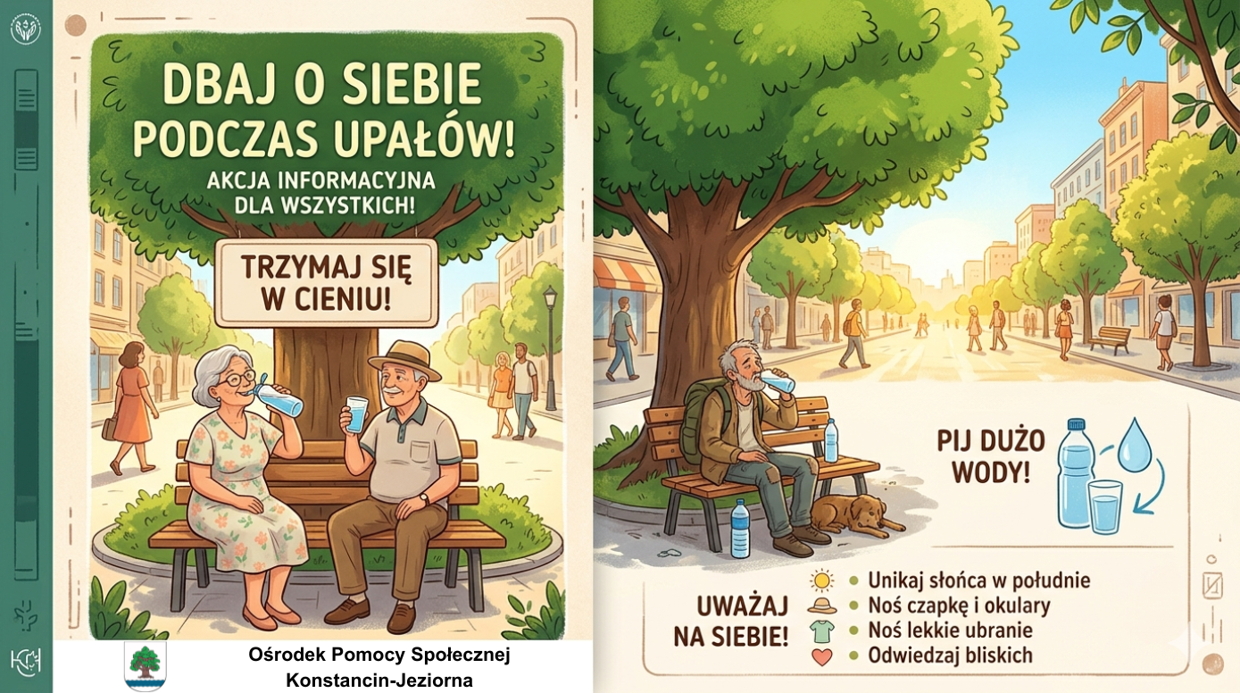 Osoby siedzące pod drzewami w cieniu i pijące wodę. 